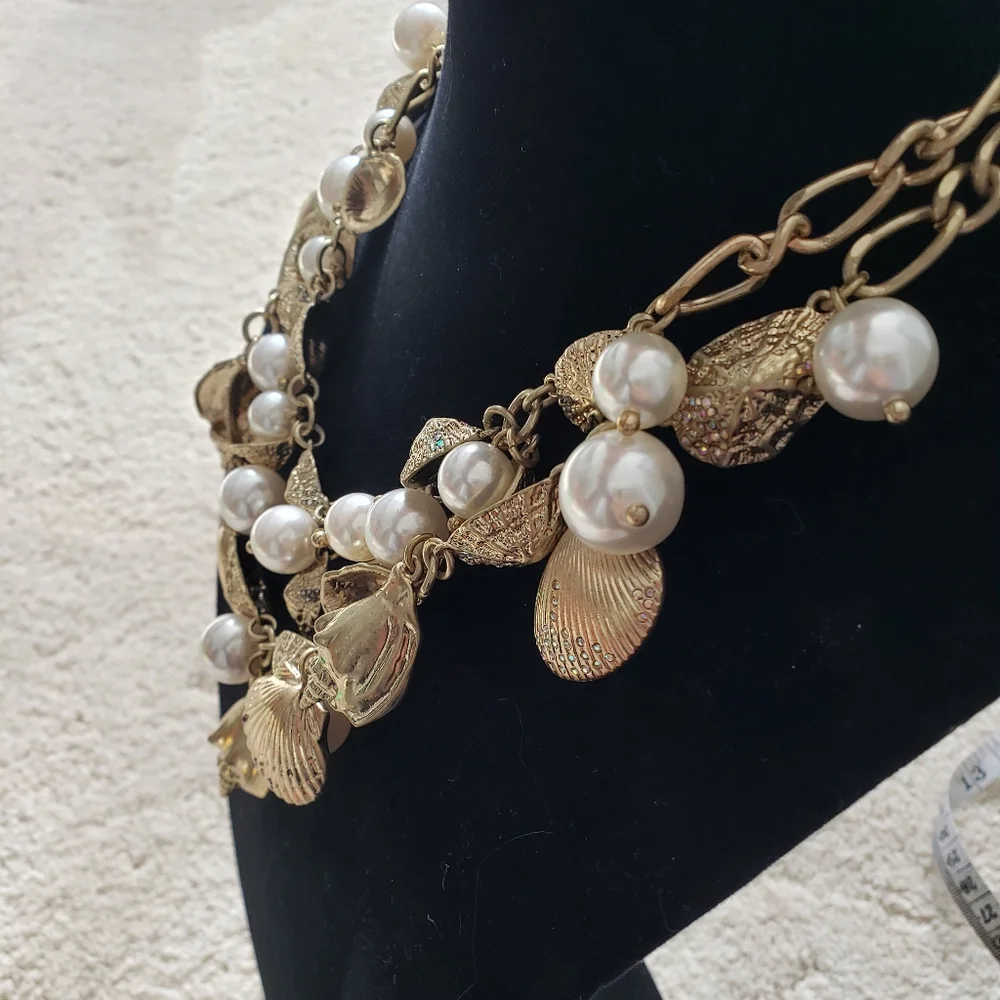 SOLD Talbots Double Layer Gold Shell, Rhinestone and Pearl Necklace - Picture 3 of 8